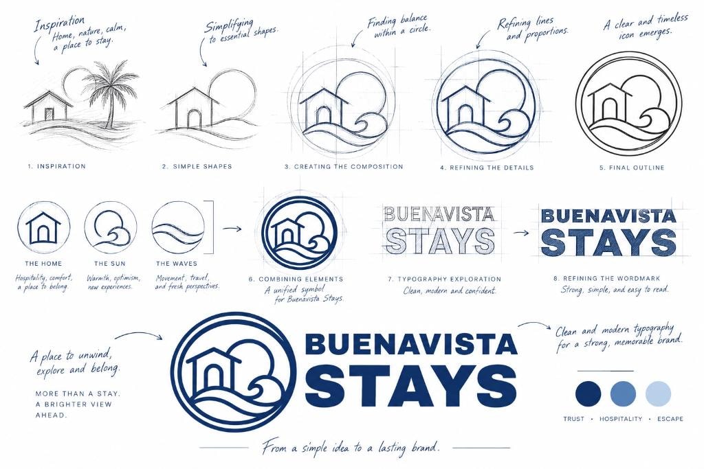 Buenavista Stays — logo construction process from inspiration to final wordmark