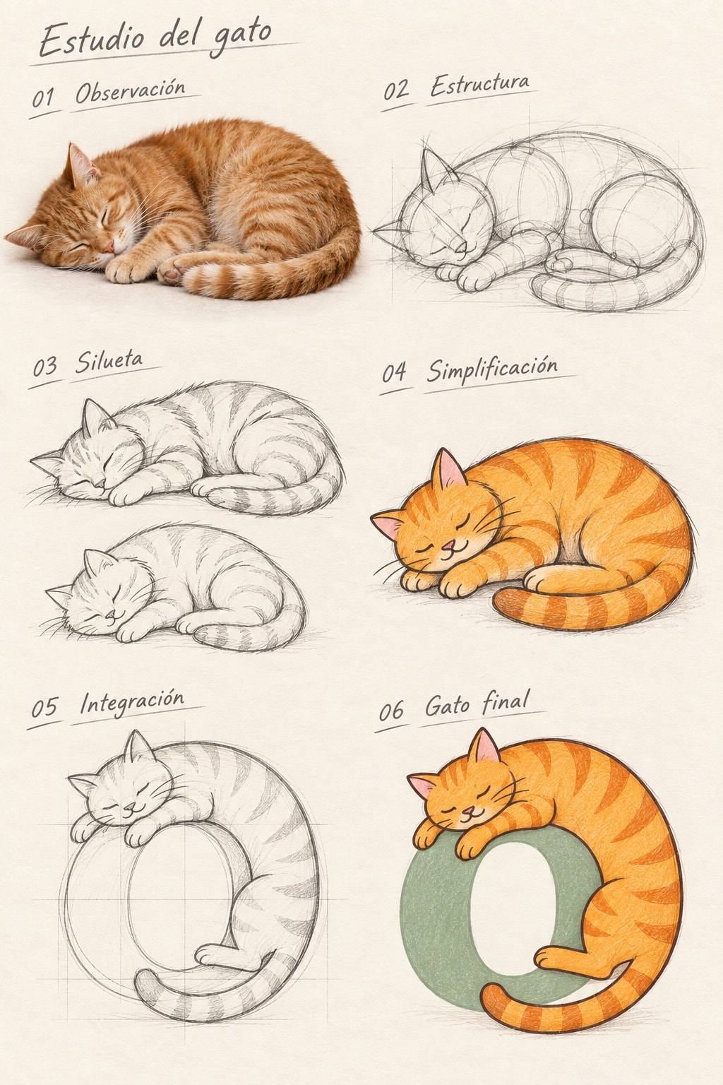 Estudio del gato — six-step process from observation to final Punto character
