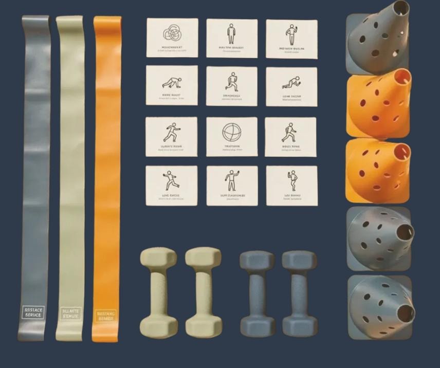 Elevate Youth — design system, resistance bands, dumbbells, cones, and exercise icon cards