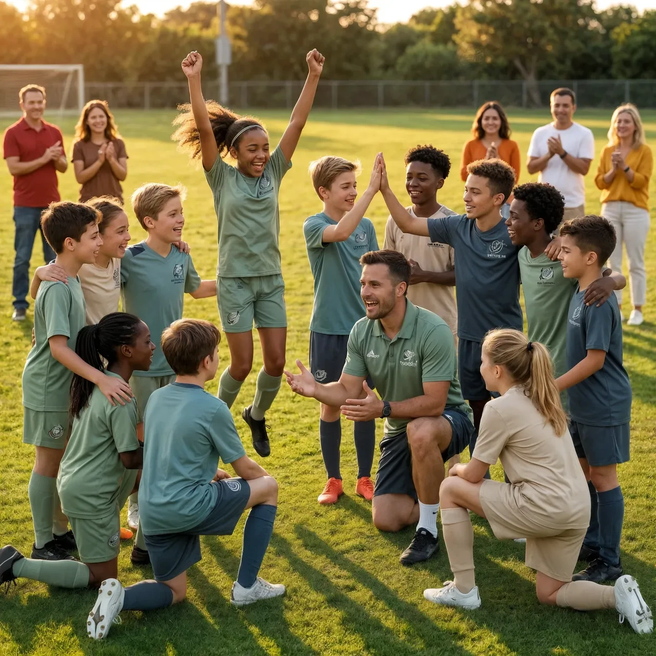 Youth soccer team celebrating with coach and parents on the field at golden hour — Elevate Youth concept direction