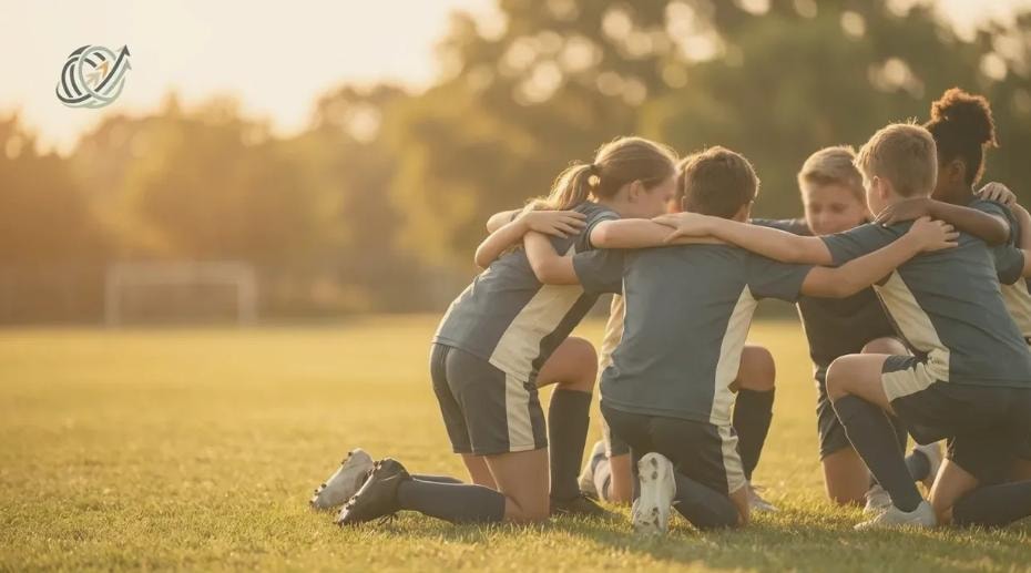 Youth soccer team huddled together at golden hour
