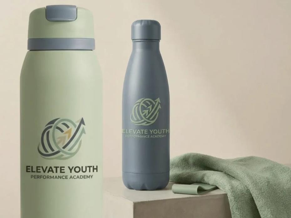 Elevate Youth — branded water bottles, concept mockup