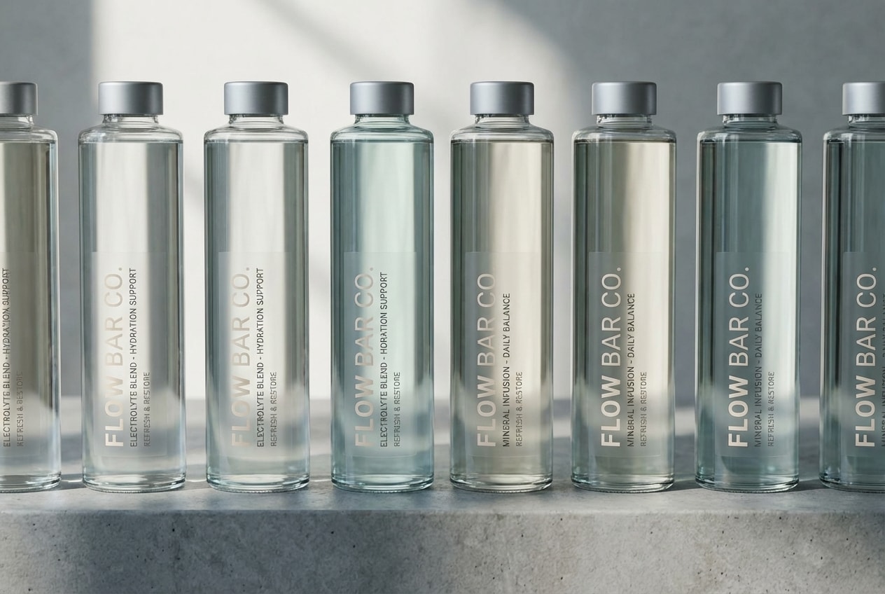 Flow Bar Co. — water bottles lined up, clean product photography