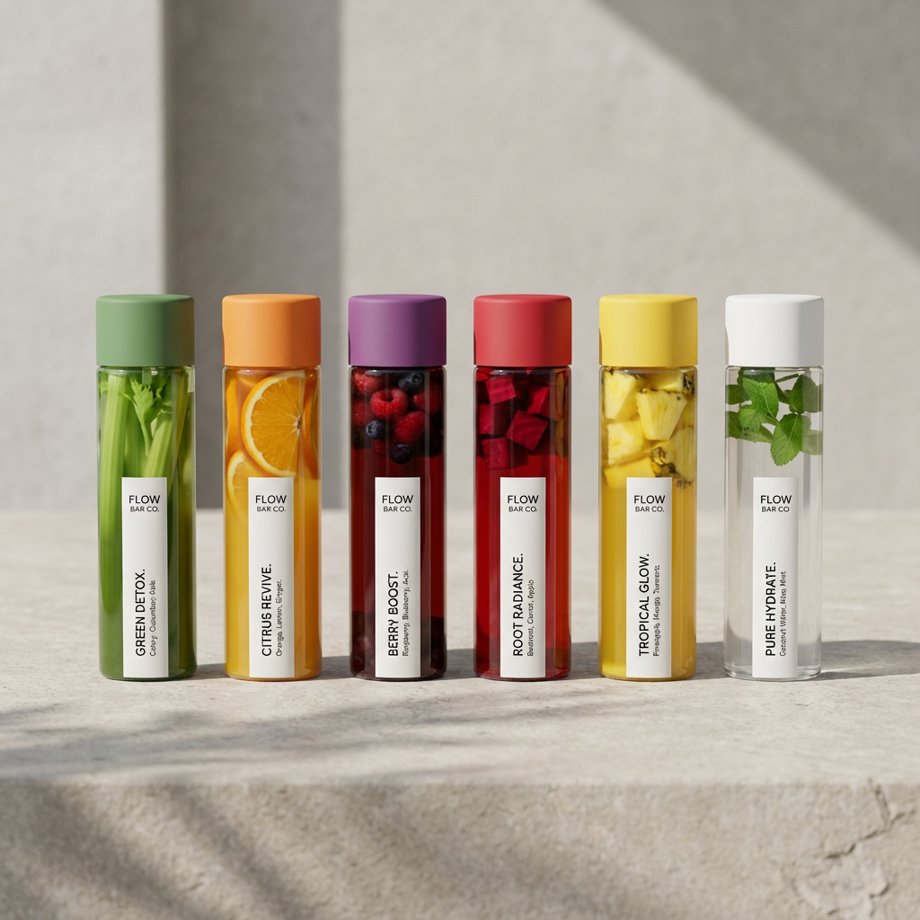 Flow Bar Co. — colorful infused water bottles lined up, cap color system in use