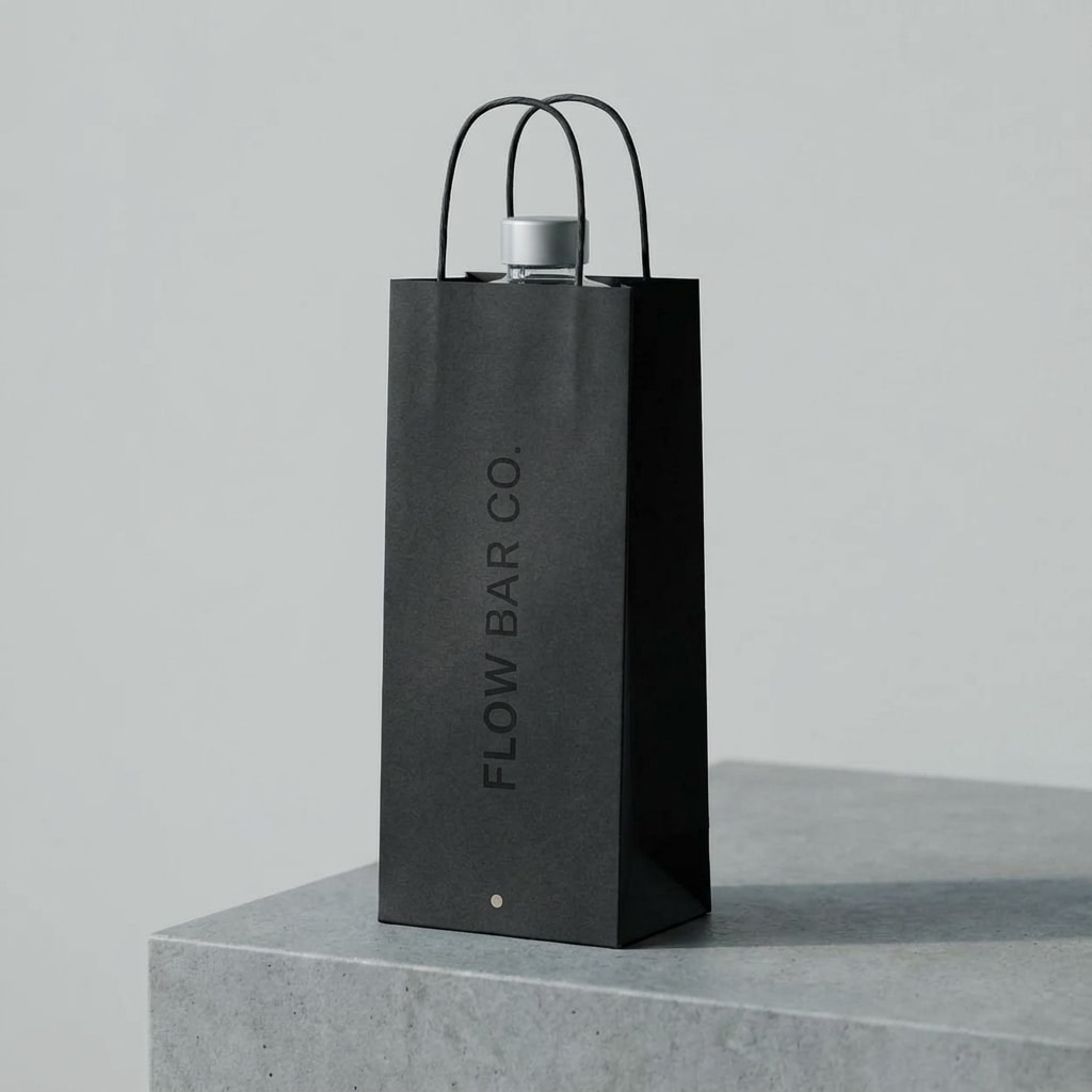Flow Bar Co. — minimalist black paper bag, branded packaging concept