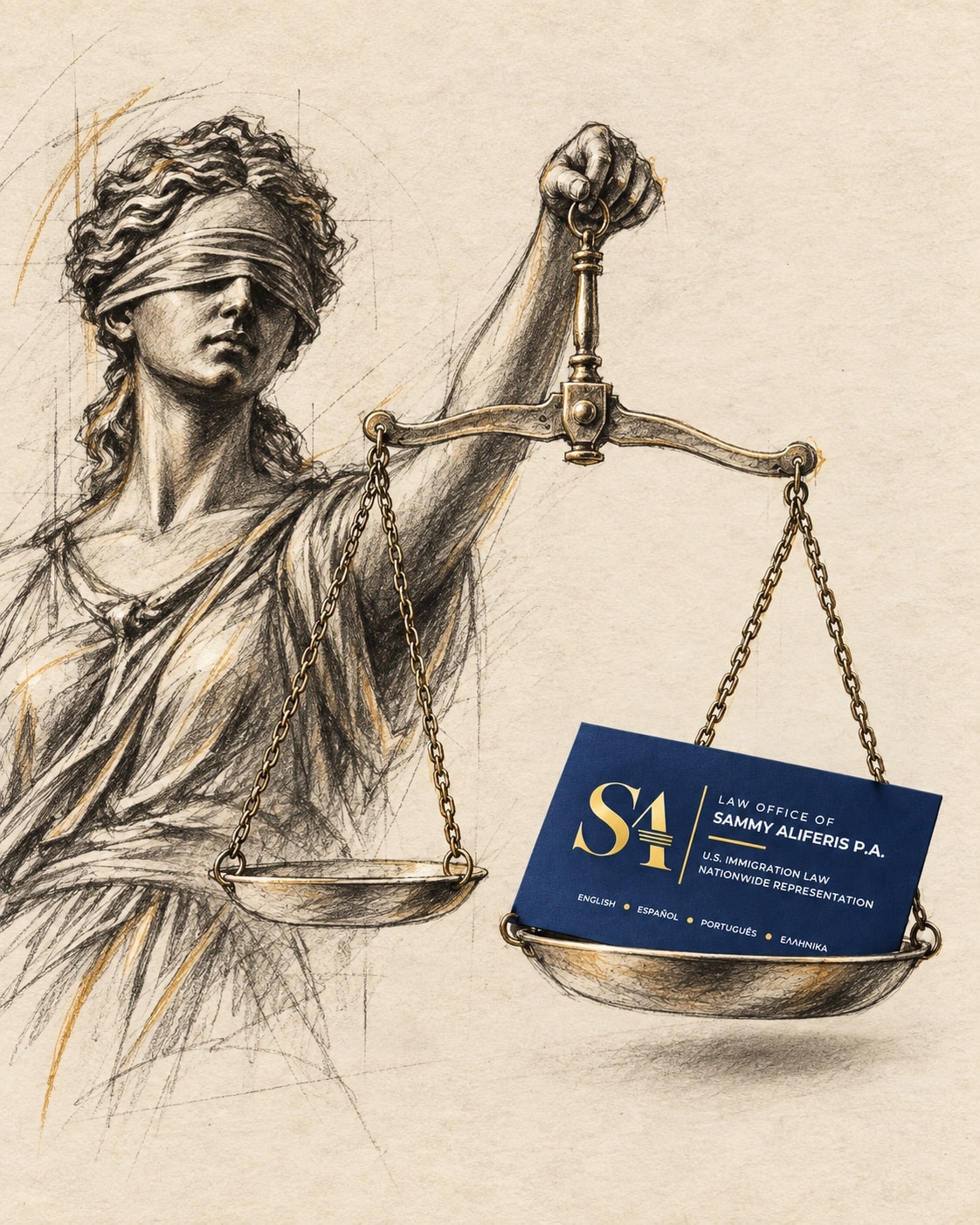 Lady Justice holding scales with Sammy Aliferis business card resting in the balance