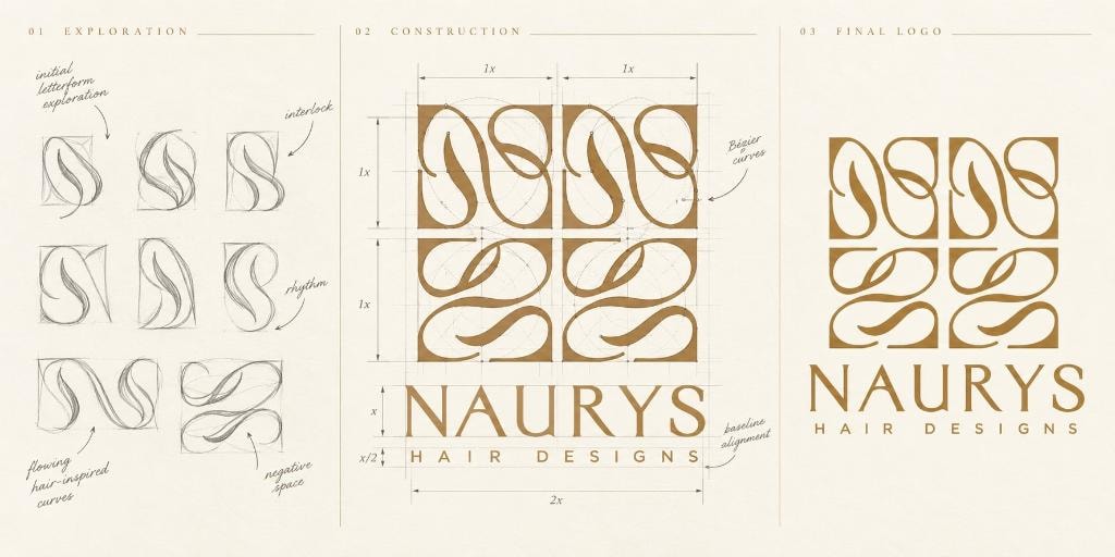 Naurys Hair Designs — logo design process: letterform exploration, construction grid with Bézier curves, and final logo mark