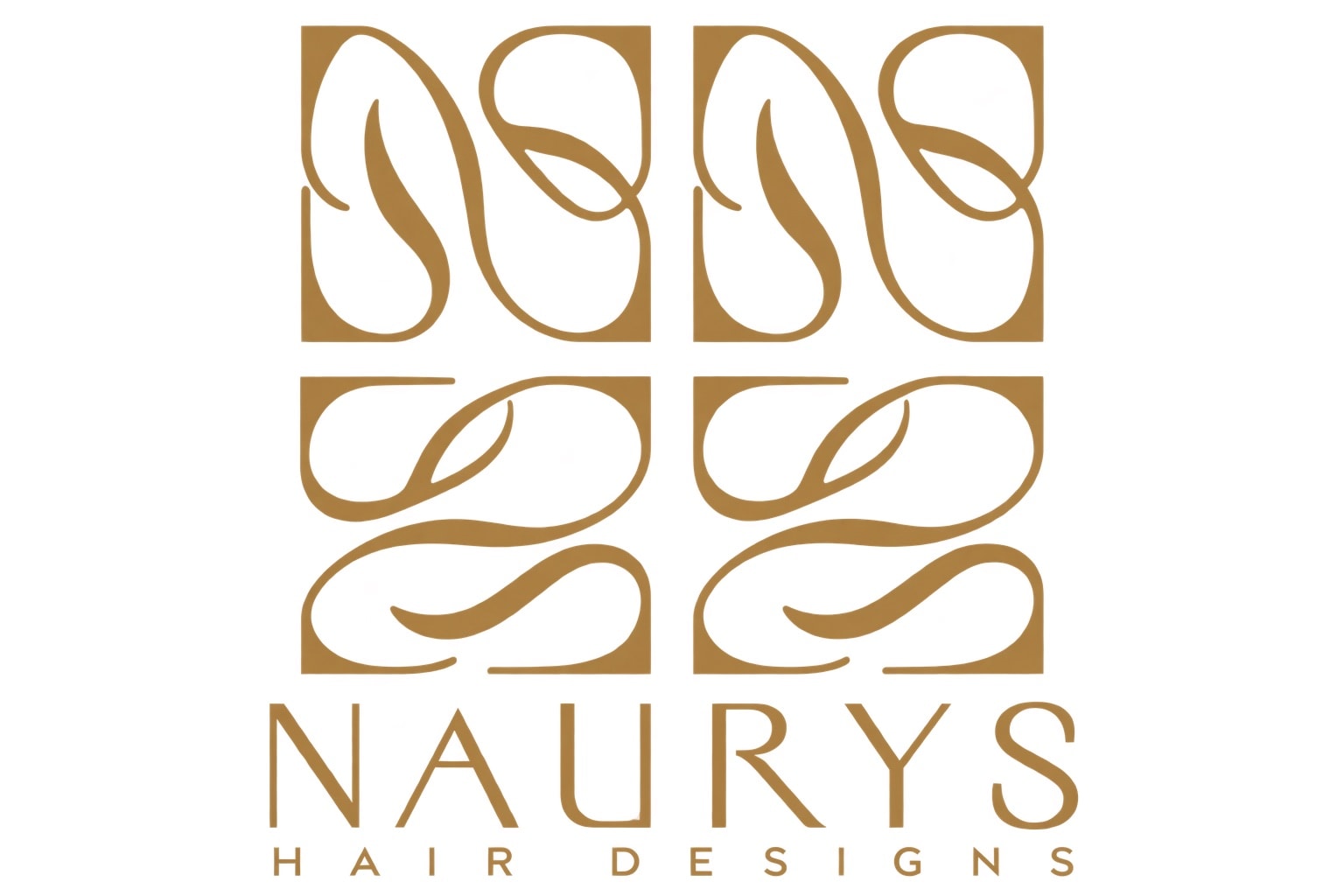 Naurys Hair Designs — primary logo, gold abstract leaf and strand motif